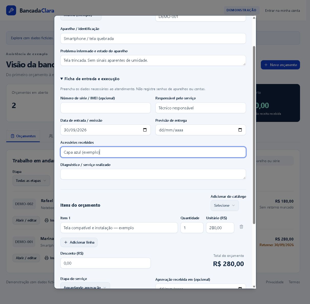 Tela real do Bancada Clara com dados fictícios