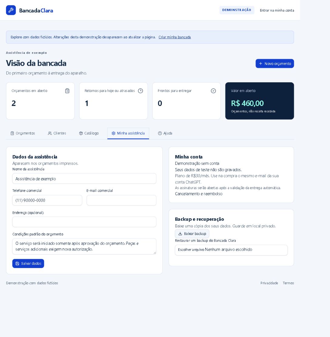 Tela real do Bancada Clara com dados fictícios